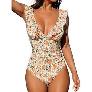 Women's Orange Ruffled One Piece Swimsuit V Neck Lace Up